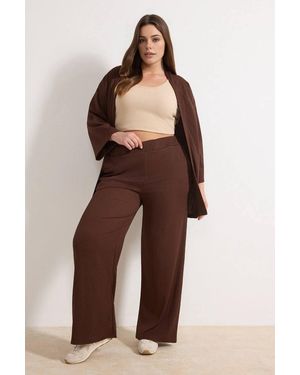 WOVCOR Textured Relaxed Fit Open Front Top & Wide Leg Trouser Co-Ord Set - Brown