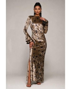 Jolie Moi Ruffle Sleeve Boat Neck Velvet Maxi Dress - Natural