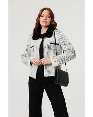 Izabel London Checked Faux Fur Long Sleeve Jacket - Grey