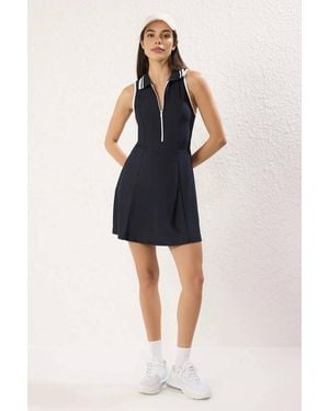 WOVCOR Zip Neck Collared Skater Mini Dress - Blue