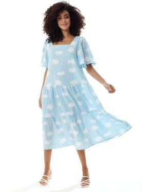 Liquorish Cloud Print Midi Smock Dress - Blue