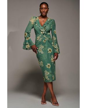 Jolie Moi Frill Sleeve Pleated Wrap Midi Dress - Green