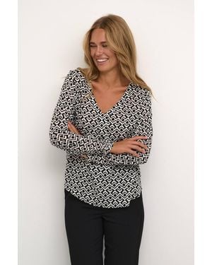 Kaffe Amber V-Neck Printed Casual Fit Blouse - Black