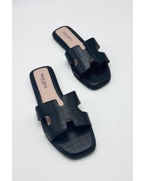 Miss Diva California Faux Leather Textured Pu Open Toe Flat Sliders - Blue