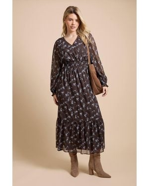 Dorothy Perkins Floral Wrap Front Blouson Sleeve Printed Chiffon Tiered Maxi Dress - Brown