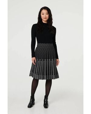Izabel London Polka Dot Pleated Knit Skater Midi Dress - Black