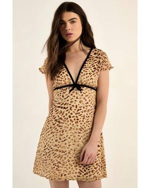 Nasty Gal Animal Devore Ribbon Trim Cap Sleeve Mini Dress - Natural