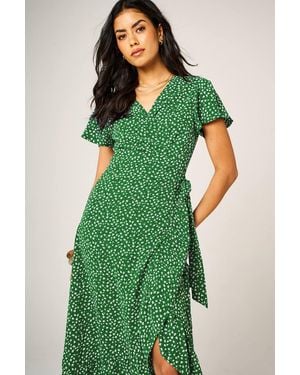 FS Collection Angel Sleeve Floral Wrap Midi Dress W/ Hem Frill Detail - Green