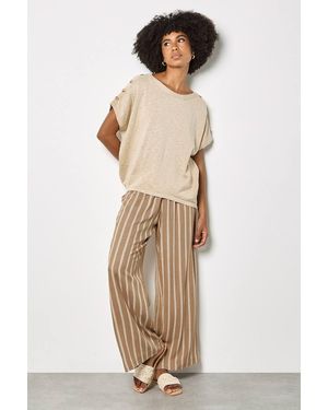 Apricot Linen Blend Wide-Leg Stripe Trousers - Natural