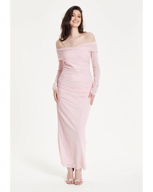 Liquorish Blush Off-Shoulder Ruched Maxi Dress - Pink