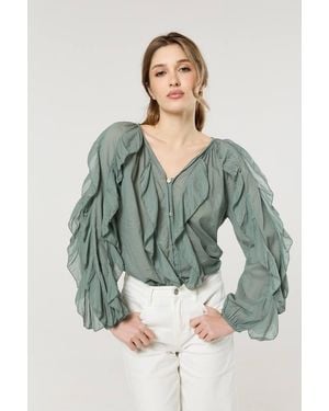 Liquorish Ruffle Button Down Cotton Blouse - Green