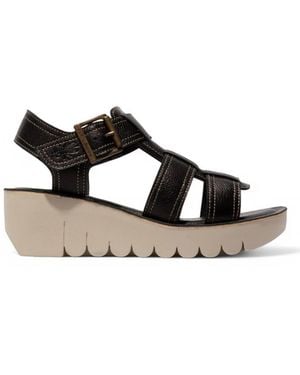 Infinity Leather Fly London Yudd236Fly Leather Sandals Espadrille Platform Wedges - Black