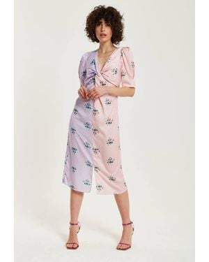 Liquorish Lilac & Floral Knot Front Midi Dress W/ Short Sleeves - Pink