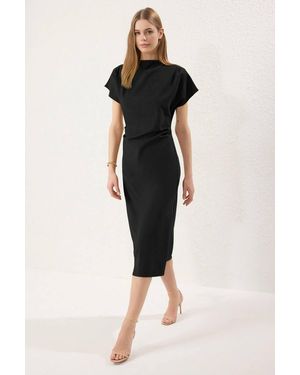 WOVCOR Draped High Neck Midi Dress - Black