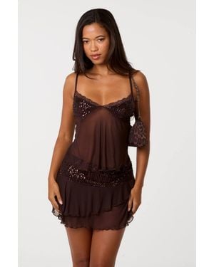 Pink Vanilla Sequin Trim Mesh Top - Brown