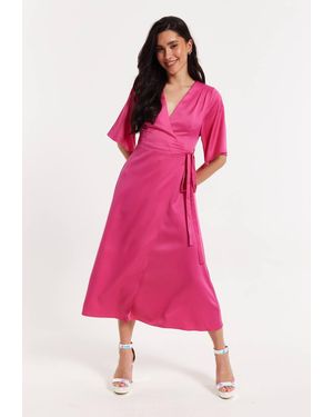 Liquorish Satin Maxi Wrap Dress W/ Kimono Sleeves - Pink