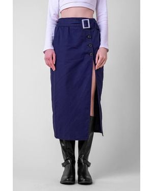 Enorsia Belted Twill Midi Skirt - Blue
