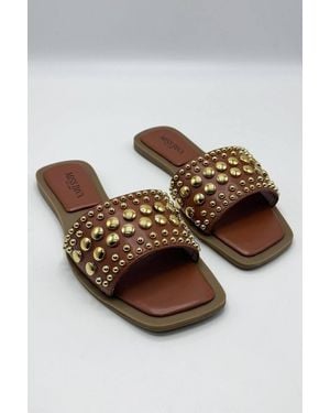 Miss Diva Calista Stud Embedded Strap Sliders - Brown