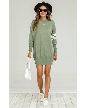 FS Collection Wool Knitted Tunic Jumper Dress W/ Stripe - Green