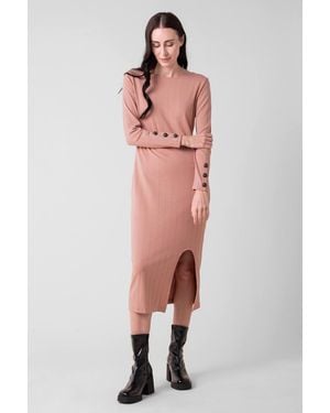 Enorsia Ruched Button Decor Long Sleeve Tunic Dress - Natural