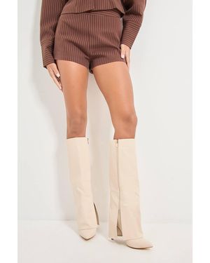 MissPap Foldover Sleeve Pointed High Stiletto Heel Knee Boots - Brown