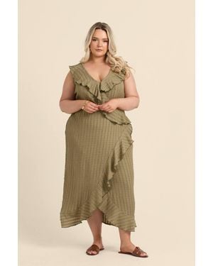 FASHION-SZN Textured Ruffle & Wrap Sleeveless Midi Dress - Natural