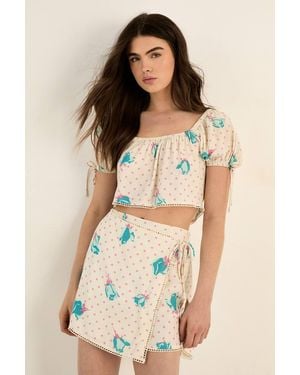 Nasty Gal Floral Polka Dot Lace Trim Puff Tie Sleeve Crop Top - Natural