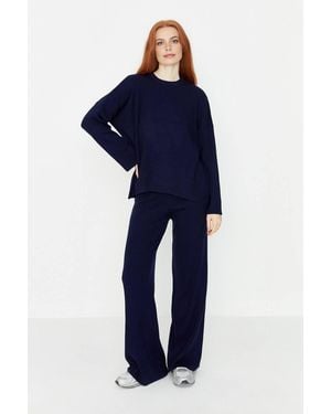WOVCOR 2-Piece Loose Fit Basic Ribbed Knit Top & Trousers Set - Blue