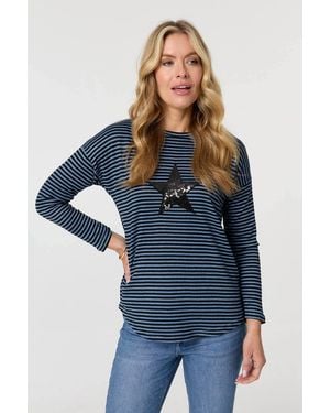 Izabel London Striped Sequin Detail Long Sleeve Top - Blue