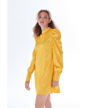 Liquorish Check Jacquard Mini Dress W/ High Neck & Puff Sleeve Details - Yellow