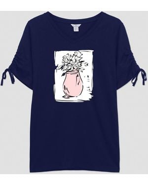 Enorsia Ruched Sleeves Chest Printed T-Shirt - Blue