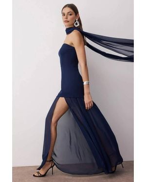 WOVCOR Woven Maxi Evening Dress W/ Shawl Detail - Blue