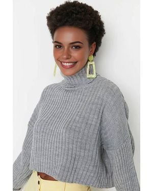 WOVCOR Cropped Ribbed Turtleneck Knit Jumper - Grey