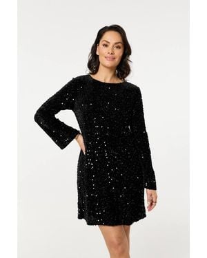 Liquorish Sequin Long Sleeve Mini Dress - Black