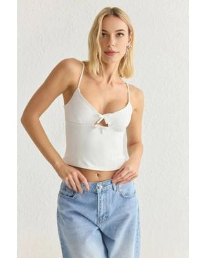 WOVCOR Tie-Front Strappy Crop Woven Cami Top - White