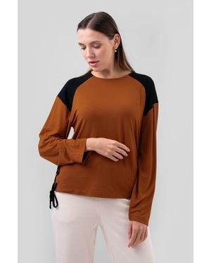 Enorsia Colour Block Raglan Sleeve Tops - Brown