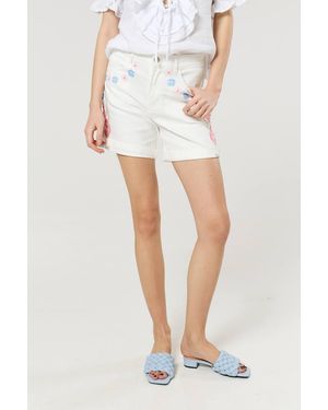 Liquorish Floral Embroidered Denim Shorts - White
