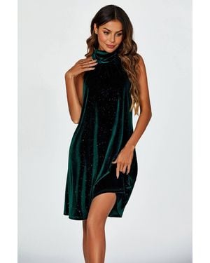 FS Collection Foil Velvet Halter Neck Tie Back Mini Dress - Black