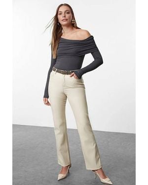WOVCOR Off-Shoulder Rib Knit Long Sleeve Top - White