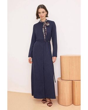WOVCOR Tie Neck Maxi Dress W/ Linen Look Texture - Blue