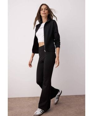 WOVCOR 2-Piece Knit Raglan Sleeve Zip-Through Top & Flared Trousers Set - Black