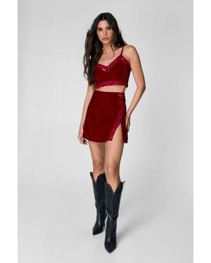 Nasty Gal Velvet Lace Trim Split Mini Skirt - Red