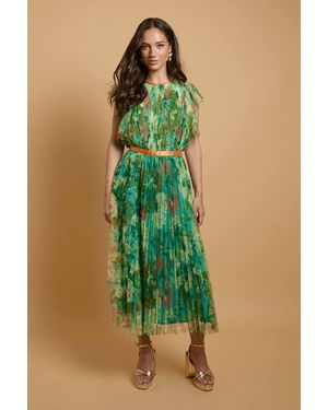 Oasis Printed Pleated Mesh Midi Dress With Flutter Sleeve - Green