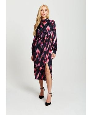 Liquorish Abstract Ikat Print Midi Lace Up Dress - Red
