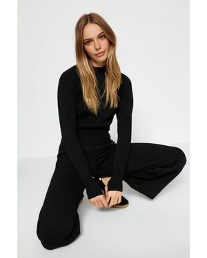 WOVCOR Ribbed Knit Top & Wide Leg Trousers Two Piece Set - Black