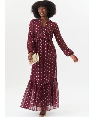 Gini London Burgandy Foil Print Ruffle Midi Dress - Purple
