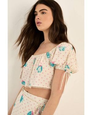 Nasty Gal Floral Polka Dot Lace Trim Puff Tie Sleeve Crop Top - Natural