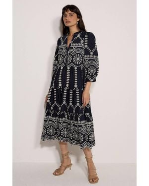 Apricot Floral Cotton Blend Broderie Anglaise Midi Dress - Blue