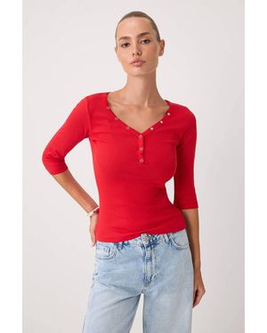WOVCOR Fitted V Neck Button Front Ribbed 3/4 Sleeve Blouse - Red