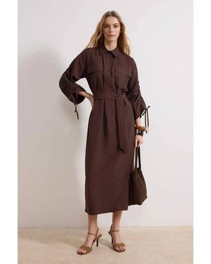 WOVCOR Collared Long Sleeve Tie Cuff Shirt Dress - Brown